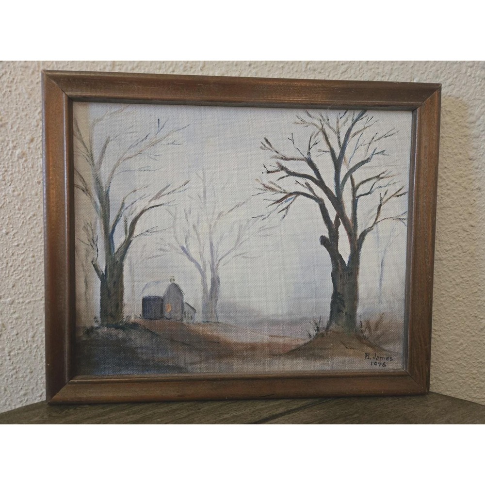 1976 Betty James Original Painting Winter Barn Scene Rustic Farmhouse Framed